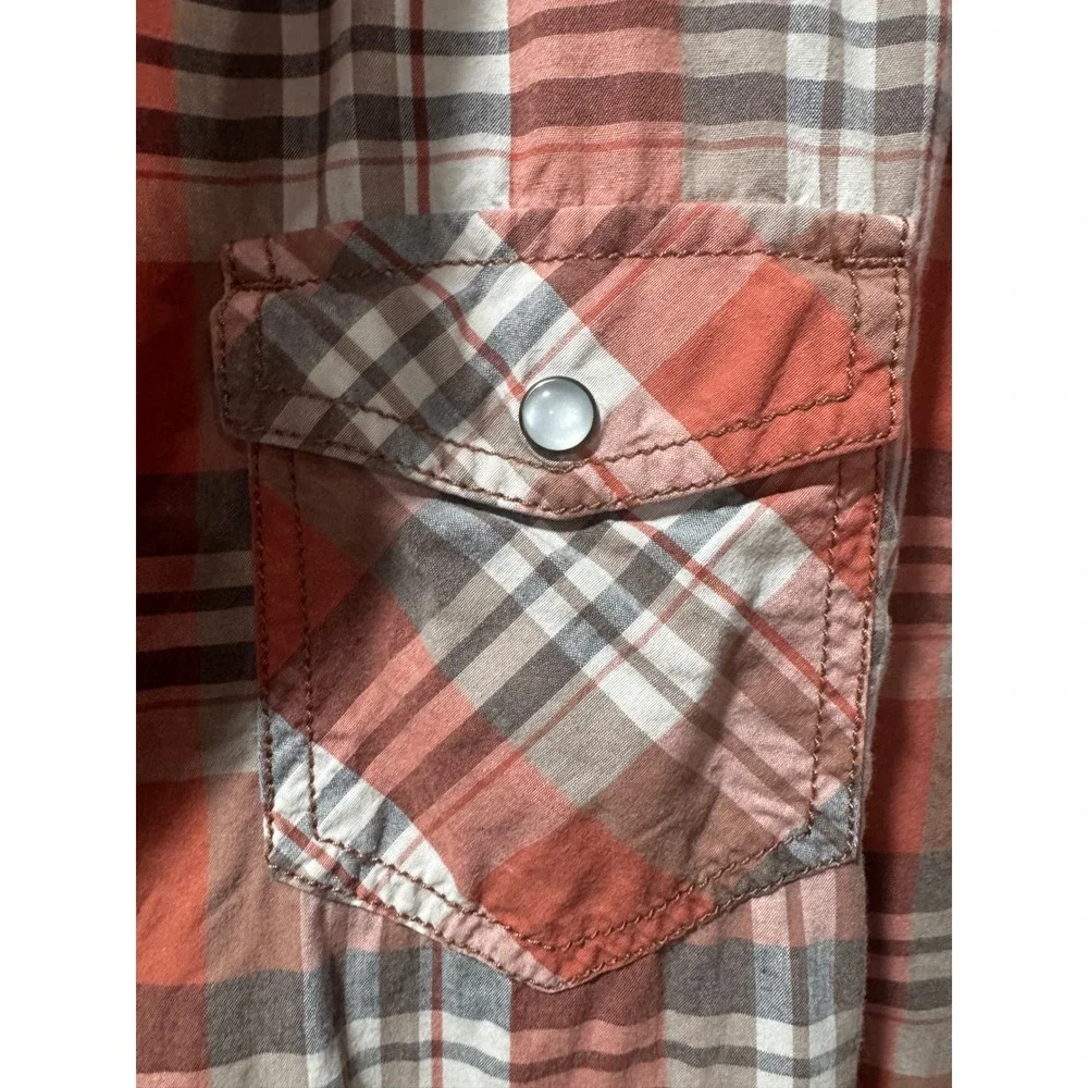 Sonoma Mens XXL Short Sleeve Western Pearl Snap Plaid Shirt Orange Gray Pockets - Picture 3 of 4